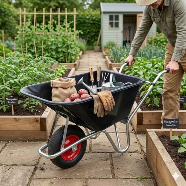 Person schiebt schwarze Schubkarre durch Garten mit hölzernen Hochbeeten. Karre enthält Sack, Kartoffeln, Handschuhe und Gartenwerkzeuge.