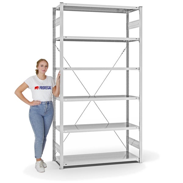 PROREGAL Fachbodenregal Stecksystem T-Profil Light-Duty Grundregal HxBxT 250 x 130 x 50 cm 6 Ebenen Fachlast 185 kg Einseitig Nutzbar Lichtgrau