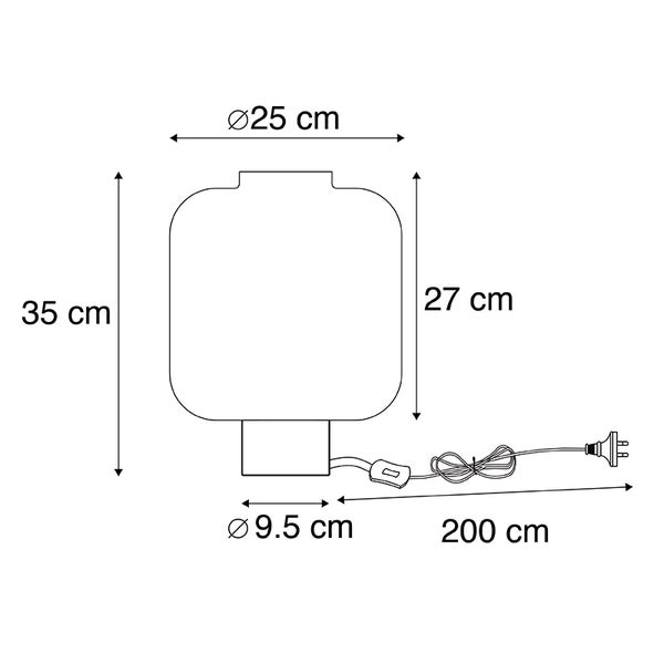 Technische Zeichnung einer Lampe mit den Maßen 35 cm Höhe, 25 cm Durchmesser oben, 27 cm Höhe des Lampenschirms, 9,5 cm Durchmesser der Basis und 200 cm Kabellänge