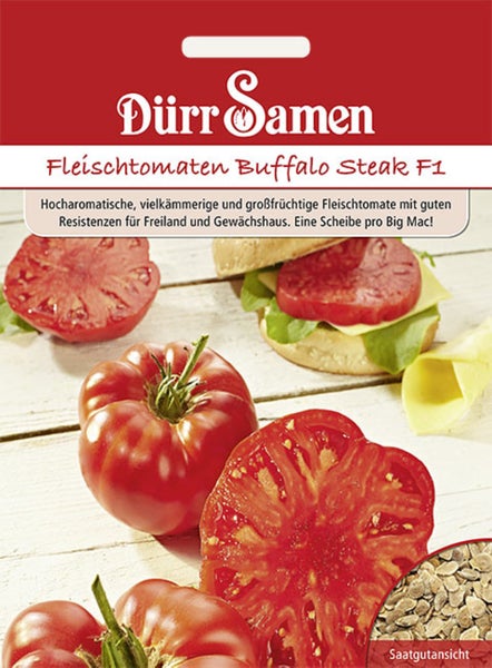 Samentüte Dürr Samen Fleischtomaten Buffalo Steak F1 mit Abbildung von großen, reifen Tomaten und einer Ansicht des Saatguts.