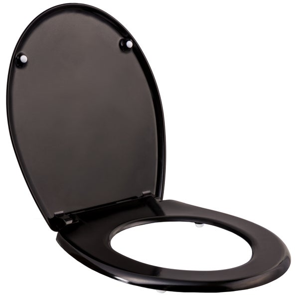 Schwarzer WC-Sitz mit geöffnetem Deckel und glänzender Oberfläche.
