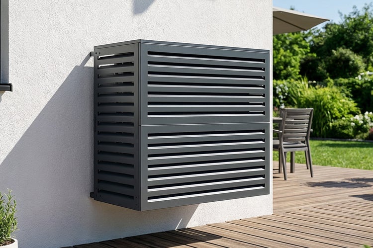 Wärmepumpenverkleidung mit horizontalen Lamellen zur Wandmontage im Aussenbereich