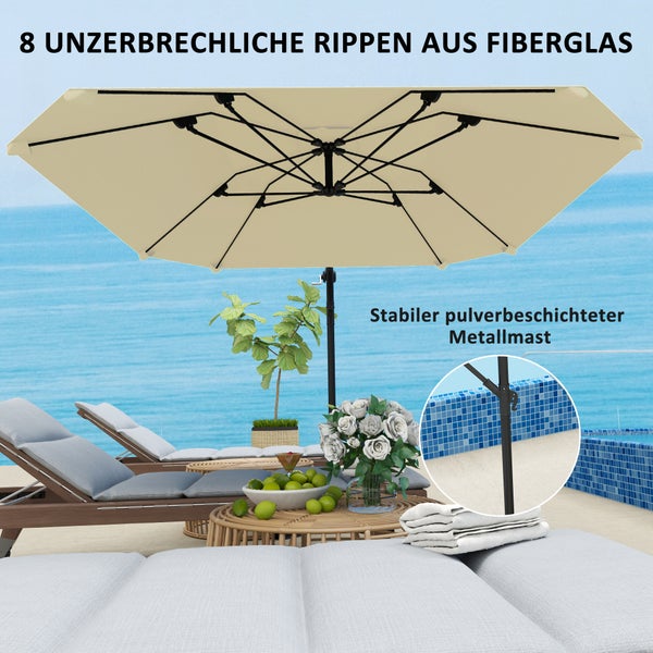 Outsunny Ampelschirm Alu Ø 260 cm Sonnenschirm, wasserdicht Kurbelschirm mit Ständer, Kurbel, Windsicherung, neigbar Marktschirm kippbar Gartenschirm Sonnenschutz für Balkon Garten Terrasse Beige