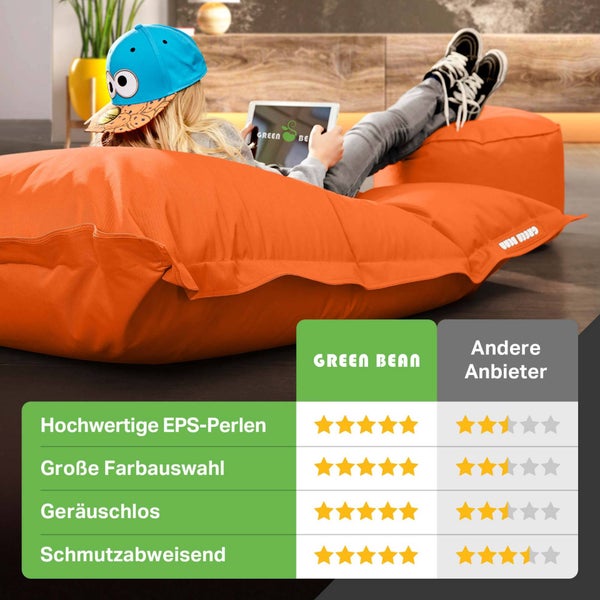Green Bean 2er Set XXL Sitzsack inkl. Pouf fertig befüllt mit EPS-Perlen - Riesensitzsack 140x180 Lounge Sitz-Kissen Bean-Bag Chair  - Orange