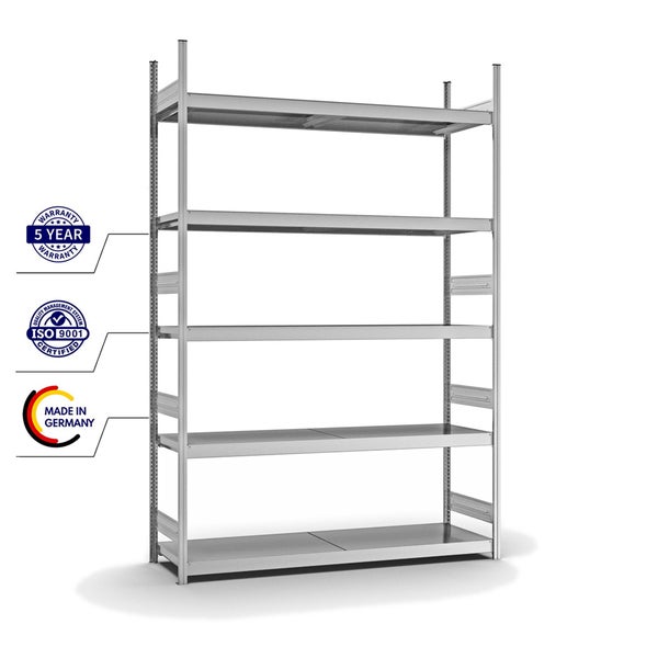 PROREGAL Weitspannregal Stecksystem T-Profil Grundregal HxBxT 300x200x50 cm 5 Ebenen Stahlplatten Fachboden Fachlast 350 kg Verzinkt