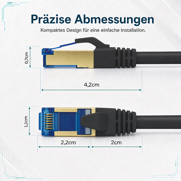 Category 8 Netzwerkstecker mit präzisen Abmessungen in Zentimetern. Seiten- und Draufsicht mit Angaben zu Länge, Breite und Höhe.
