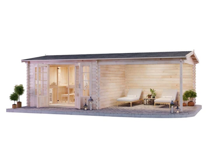 Modernes Gartenhaus aus Holz mit integrierter Sauna und einer überdachten Terrasse inklusive Sonnenliegen.
