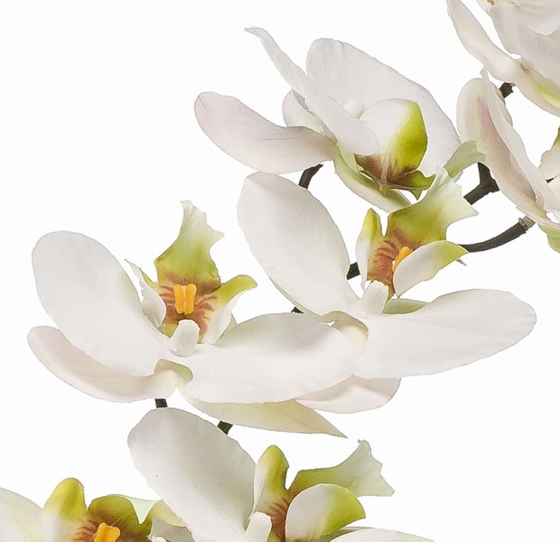 Künstliche Orchidee Phalaenopsis Blütenzweig mit weißen Blüten und gelb-grünem Zentrum.