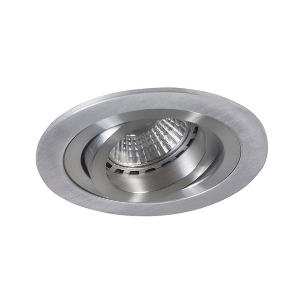 Runder LED Einbaustrahler, schwenkbar, aus gebürstetem Metall.