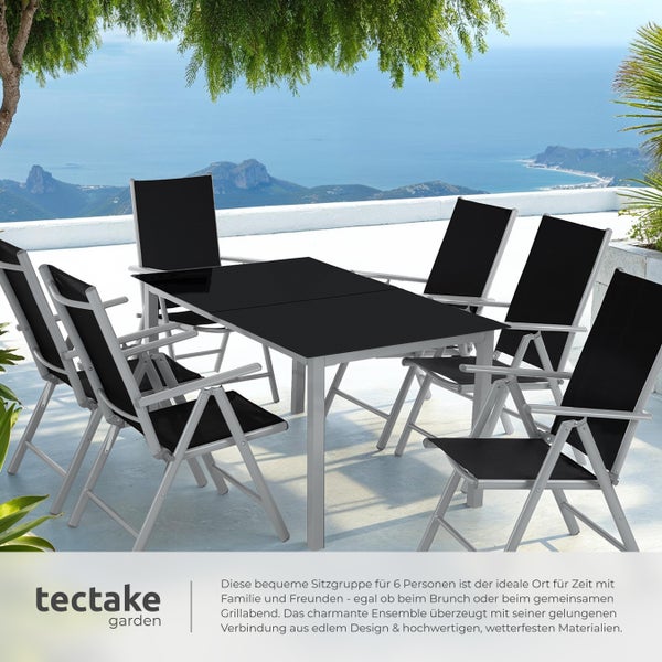 Sitzgruppe tectake Ercolano Tisch mit Sicherheitsglasplatten und Ausgleichsschrauben mit Aluminiumgestell, für 6 Personen silber