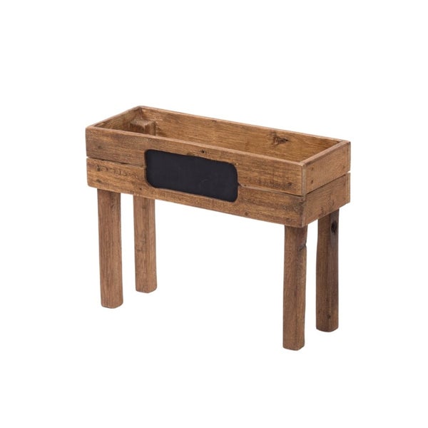 Holz-Pflanzkasten auf Beinen mit integrierter Schiefertafel zur Beschriftung.