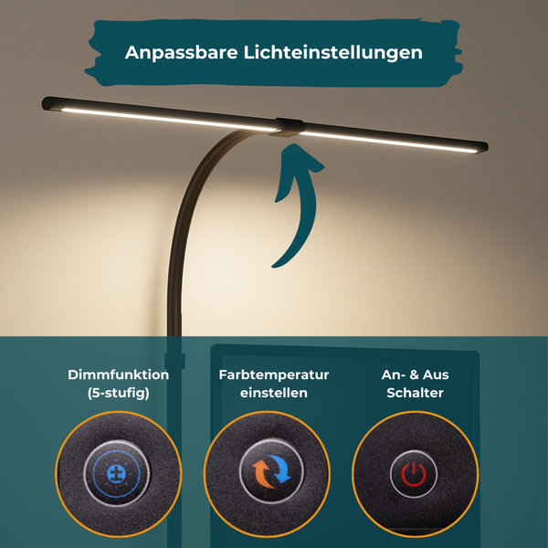Schwarze LED-Schreibtischlampe mit flexiblem Hals und einstellbaren Lichtoptionen: 5-stufige Dimmfunktion, Farbtemperatur und Ein-Aus-Schalter.