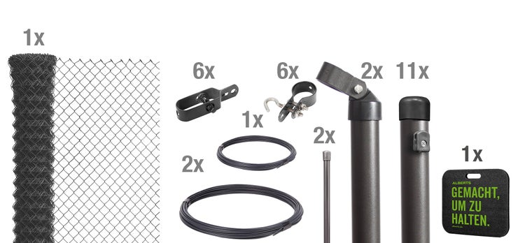 Maschendrahtzaun Set mit Zaunrolle, Pfosten, Spanndraht und Befestigungsmaterial zur Montage