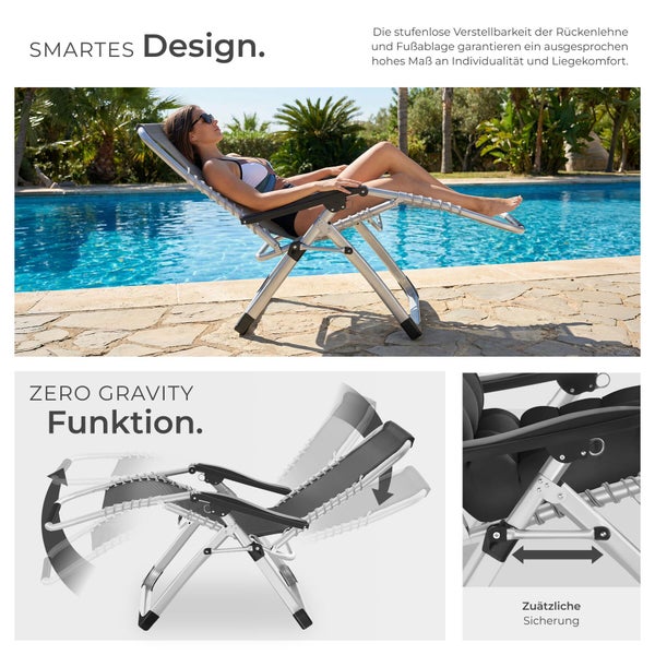 Frau entspannt auf einer verstellbaren Liege am Pool. Detailaufnahmen zeigen die verstellbare Rückenlehne und zusätzliche Sicherheitsvorrichtungen.