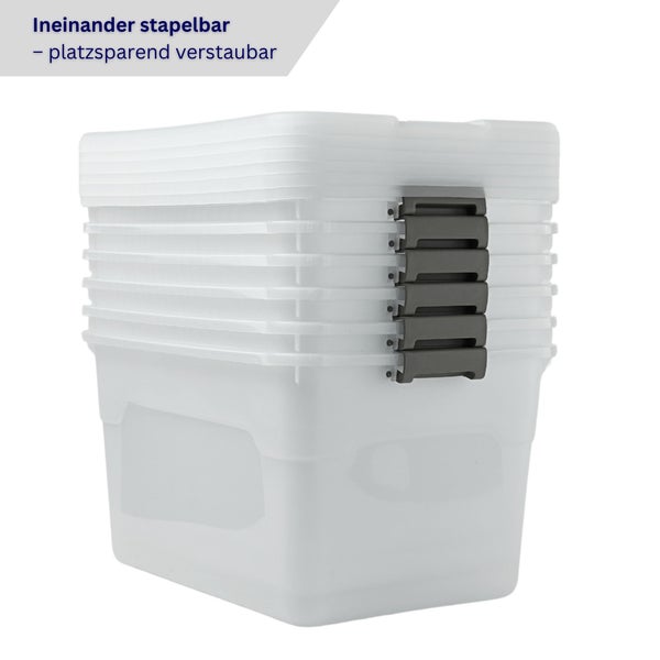 Stapelboxen aus Kunststoff mit Verschluss zur platzsparenden Aufbewahrung