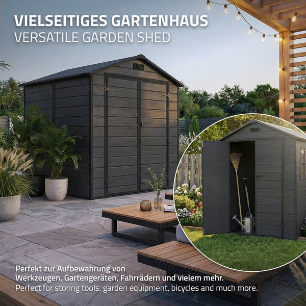 Vielseitiges Gartenhaus mit Doppeltür zur Aufbewahrung von Gartengeräten, Werkzeugen und Fahrrädern in einem Garten auf einer Terrasse.