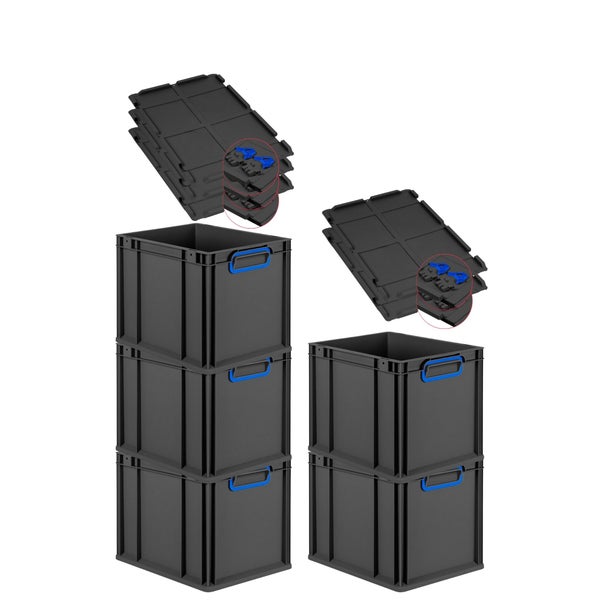PROREGAL SuperSparSet 5x Eurobox NextGen Color mit Scharnierdeckel und Schiebeschnappverschlüssen, HxBxT 32x30x40cm, 30 Liter, Schwarz, Griffe blau geschlossen, Eurobehälter, Transportbox, Transportbehälter, Stapelbehälter