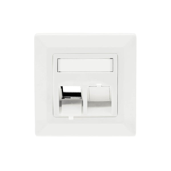 Weiße quadratische Netzwerkdose aus Kunststoff mit zwei RJ45-Anschlüssen und Beschriftungsfeld.
