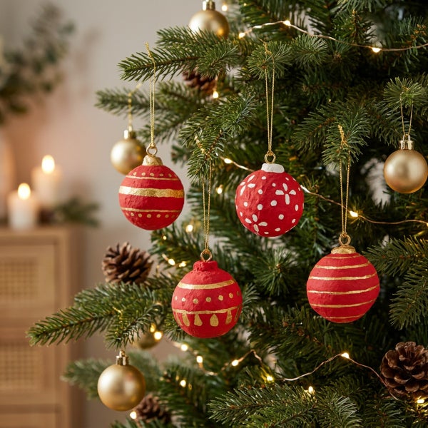 Geschmückter Weihnachtsbaum mit roten Weihnachtskugeln, handbemalten Mustern, goldenen Akzenten und Lichterkette in einem wohnlichen Ambiente.