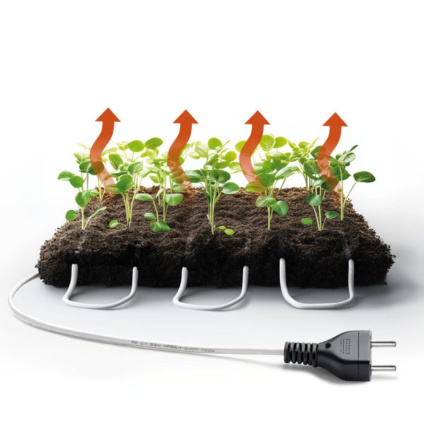 Bodenheizkabel im Erdreich unter Keimlingen mit Symbolen für aufsteigende Wärme und Netzstecker.
