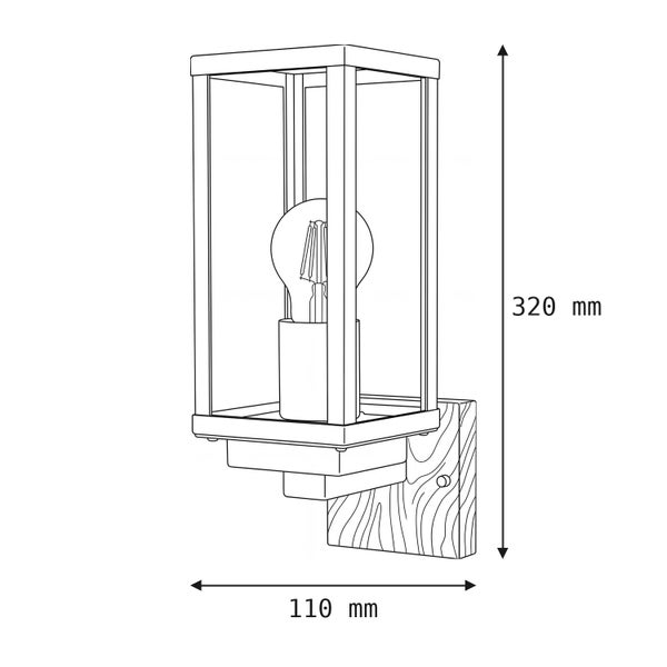 Maßzeichnung einer Wandleuchte im Laternenstil mit Holzsockel, Höhe 320 Millimeter, Breite 110 Millimeter.