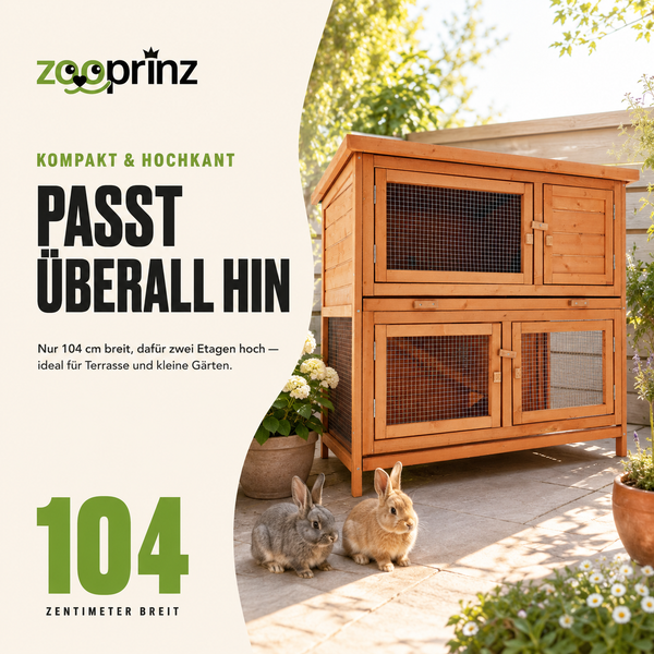 Zooprinz Hasenstall aus Holz, zweistöckig, 104 Zentimeter breit, ideal für Terrasse und Garten, mit zwei Kaninchen im Vordergrund.