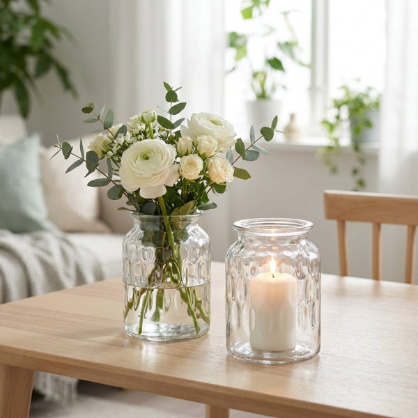 Zwei strukturierte Glasvasen auf einem Holztisch, eine mit Blumenstrauß und eine mit brennender Stumpenkerze in heller Wohnraumumgebung.