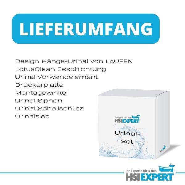Lieferumfang Urinal Set mit Design Hänge-Urinal, LotusClean Beschichtung, Vorwandelement, Drückerplatte, Montagewinkel, Siphon, Schallschutz und Urinalsieb