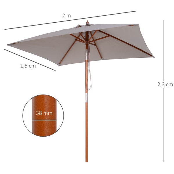 Rechteckiger Sonnenschirm aus Holz mit grauem Stoff, Breite 2 Meter, Tiefe 1,5 Meter, Höhe 2,3 Meter, Mastdurchmesser 38 Millimeter.