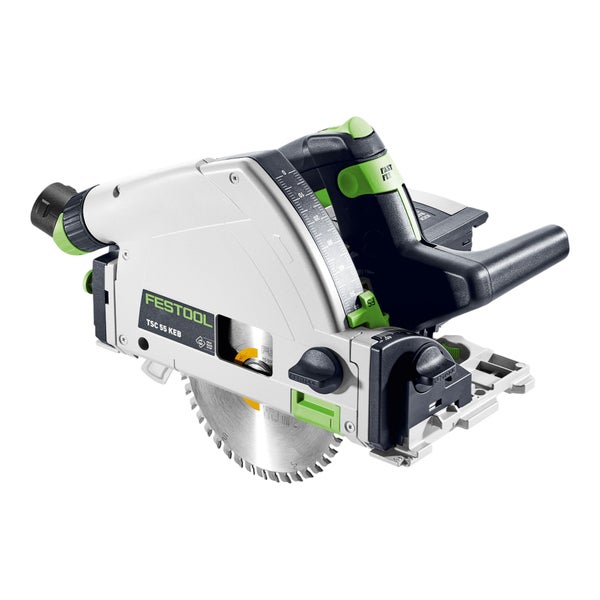Festool Akku-Tauchsäge TSC 55 KEB mit Sägeblatt und Tiefeneinstellung für präzise Schnitte in Holz und Plattenwerkstoffen.