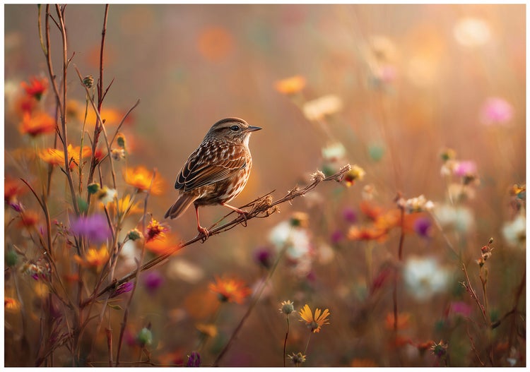 Kleiner Singvogel sitzt auf einem Ast in einer blühenden Blumenwiese im weichen Licht.