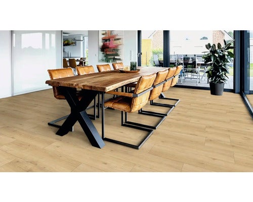 Heller Raum mit Holzboden, Esstisch und Stühlen