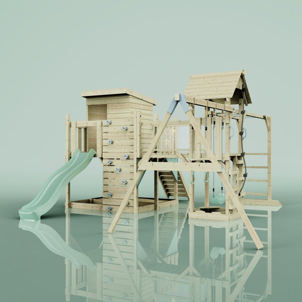 Holzspielplatz mit Rutsche, Schaukeln und Kletterwand