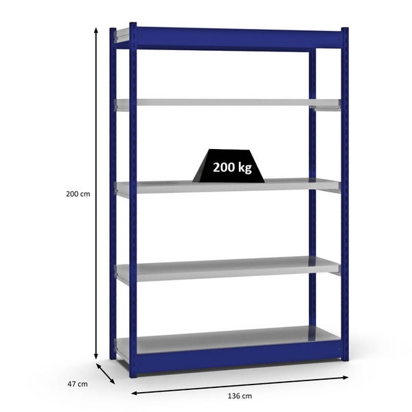 PROREGAL Fachbodenregal Stecksystem Vierkant-Profil Grundregal HxBxT 200 x 132,5 x 40 cm 5 Ebenen Einseitige Bauart Fachlast 200 kg Enzianblau
