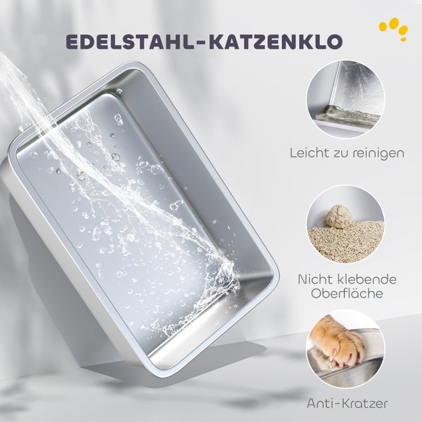 Edelstahl-Katzenklo mit Wasserstrahl zur Reinigung, leicht zu reinigen, nicht klebende Oberfläche, Anti-Kratz Funktion.