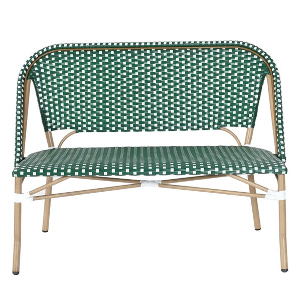 Gartenbank im Bistrostil für zwei Personen mit grün-weißem Geflecht und hellbraunem Gestell in Bambusoptik.
