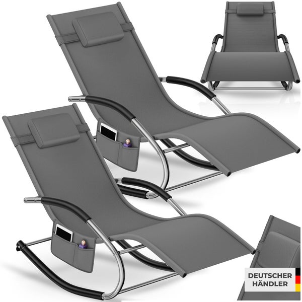 2er-Set graue Schaukelliegen für Garten oder Terrasse mit Kopfkissen, Seitentasche und Metallgestell. Kennzeichnung als deutscher Händler.