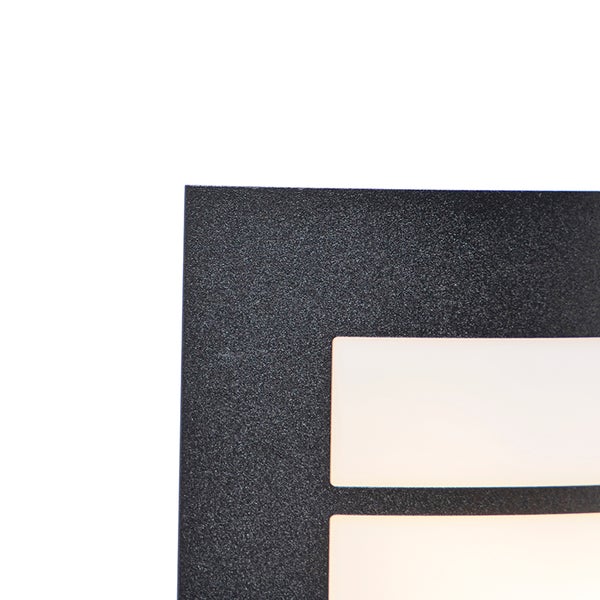 Detailansicht einer schwarzen Außenwandleuchte mit strukturierter Oberfläche und rechteckigen Lichtöffnungen.