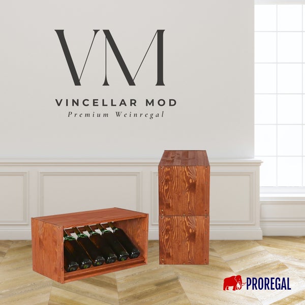 Modulares Weinregal aus Holz Vincellar Mod in einem hellen Raum mit Weinflaschen. Proregal Logo.
