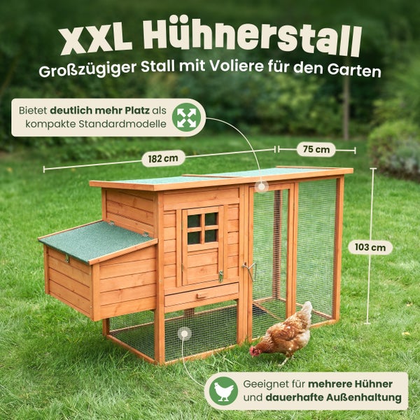 XXL Hühnerstall aus Holz mit Voliere und Nistkasten für den Garten. Maße 182 Zentimeter lang, 75 Zentimeter breit und 103 Zentimeter hoch.