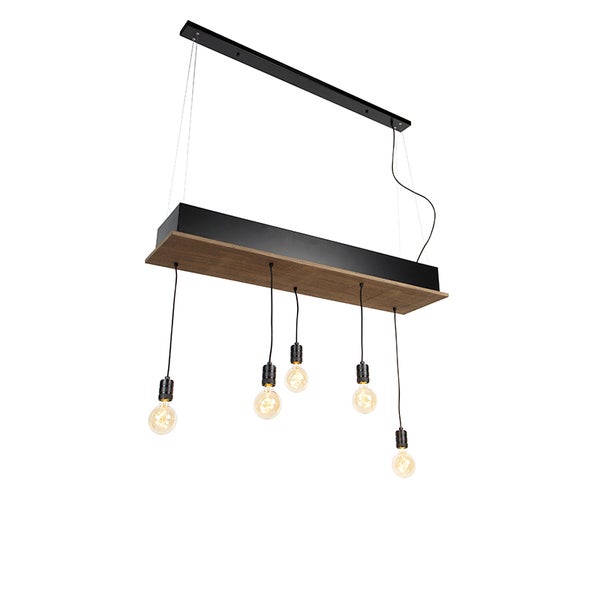 Moderne Balken Pendelleuchte mit fünf Lichtquellen und Holzelementen zur Deckenmontage