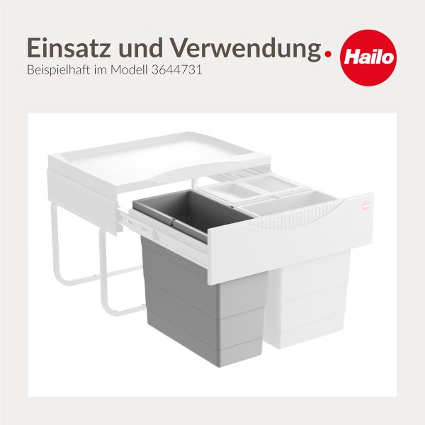 Hailo Abfalltrennsystem zum Ausziehen für Küchenschränke, Beispiel für Einsatz und Verwendung, Hailo Logo.