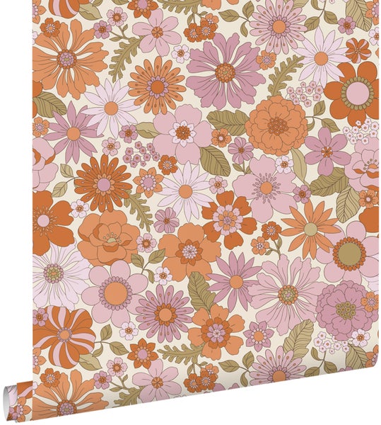 ESTAhome Tapete Retro Blumen Lila und Orange - 50 x 900 cm - 130961