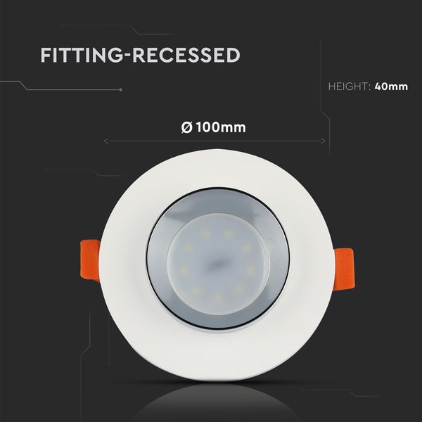 Einbaustrahler-Gehäuse, rund, weiß mit chromfarbenem Innenring und Befestigungsklammern.