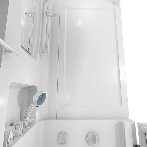 Likaya Grillplatte Plancha aus Edelstahl mit Zubehör auf einem Grillrost, daneben die Produktverpackung und ein FSC-Siegel