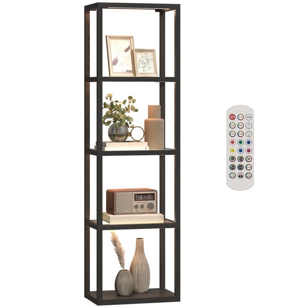 Dunkles Standregal aus Holz mit vier Fächern, integrierter LED-Beleuchtung und Fernbedienung zur Lichtsteuerung.