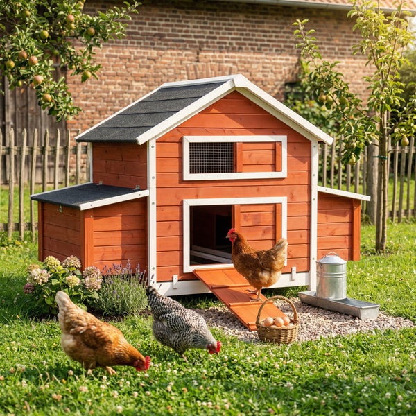 Hühnerstall aus Holz mit wetterfester Lasur, stabilem Satteldach und seitlichem Nistkasten auf einer Wiese.