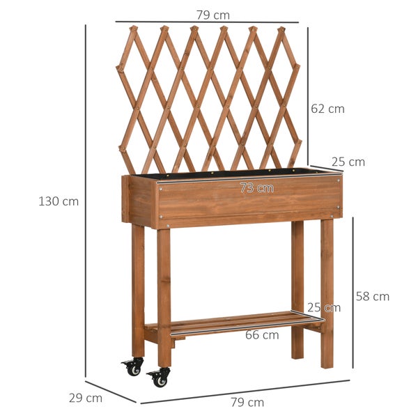 Outsunny Hochbeet mit Rankgitter, Blumenkasten mit Ablage, Pflanzkübel mit Rollen, Pflanzkasten für Terrasse, Balkon, Massivholz, Braun, 79 x 29 x 130 cm