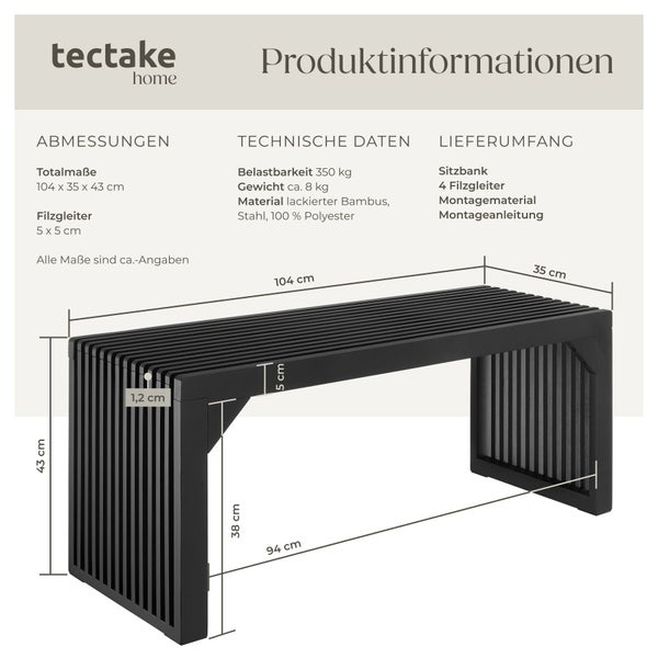 Tectake Home Sitzbank mit technischen Daten und Abmessungen aus lackiertem Bambus und Stahl mit einer Belastbarkeit von 350 Kilogramm.