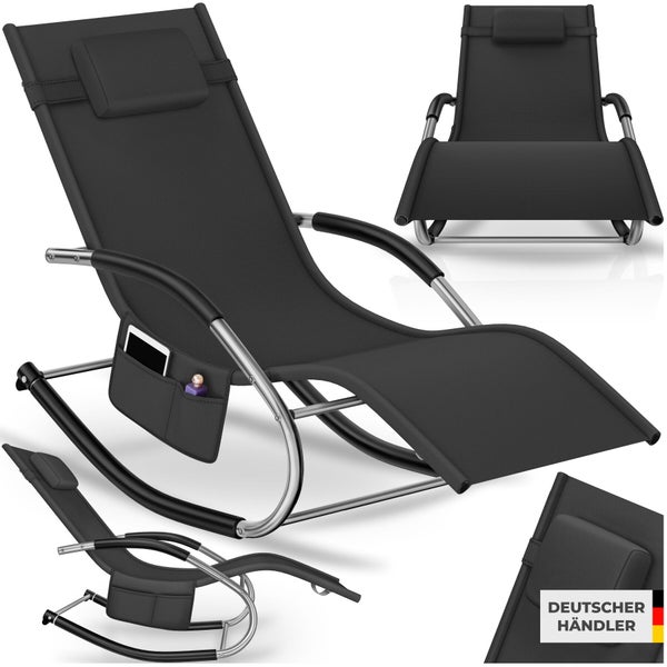 Schwarze ergonomische Gartenliege als Schaukelstuhl mit Kopfpolster, Seitentasche und Metallgestell, Deutscher Händler.